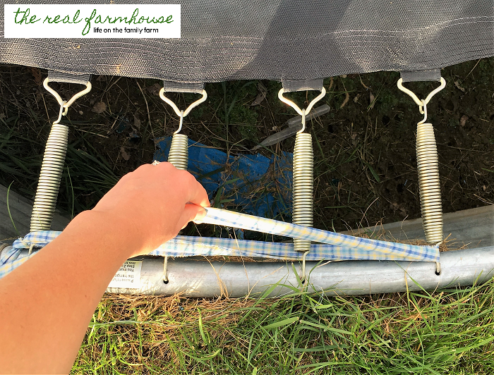 DIY trampoline pad out of scrap fabric. Super cute and soft on the kids feet