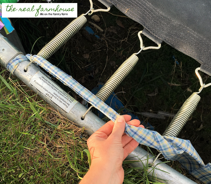 DIY trampoline pad out of scrap fabric. Super cute and soft on the kids feet